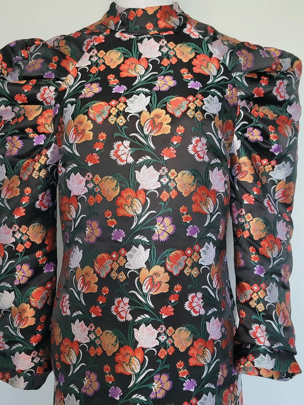 NWT LOST INK Black Orange Jacquard Floral Long Puff-Sleeve Sheath Dress Sz Small - Picture 4 of 15